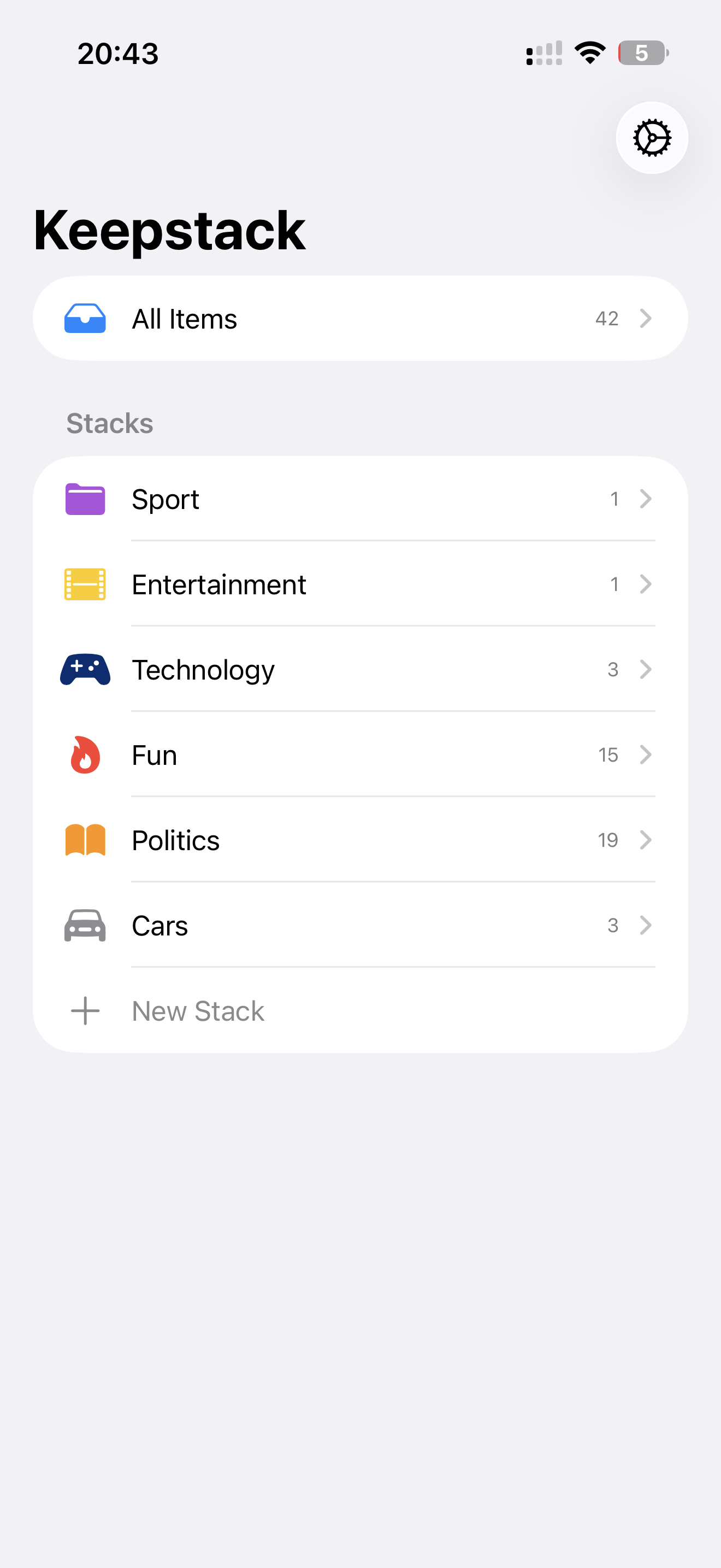 Keepstack home screen — stacks list